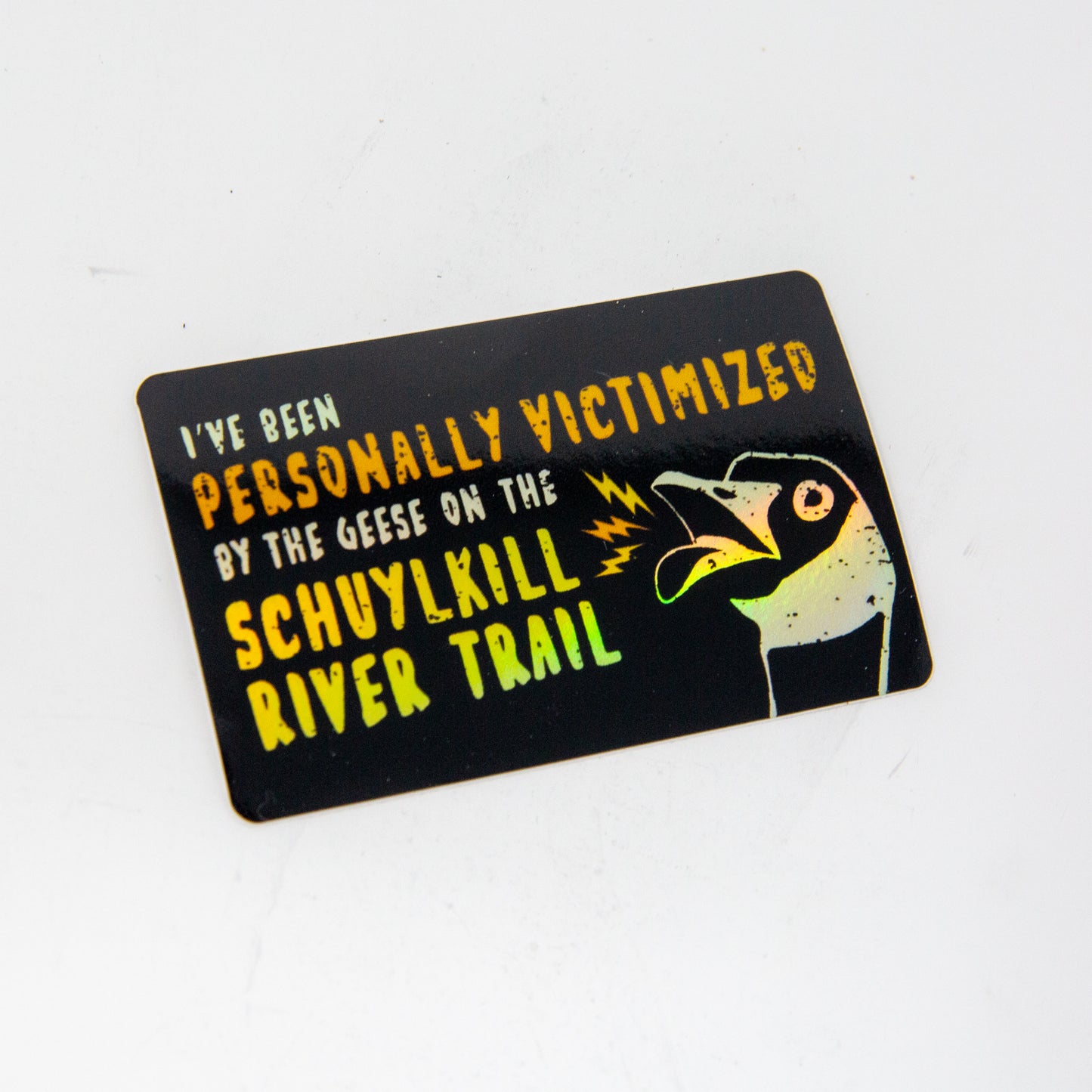 sticker with text saying "I've been personally victimized by the geese on the Schuylkill River Trail" with a goose hissing