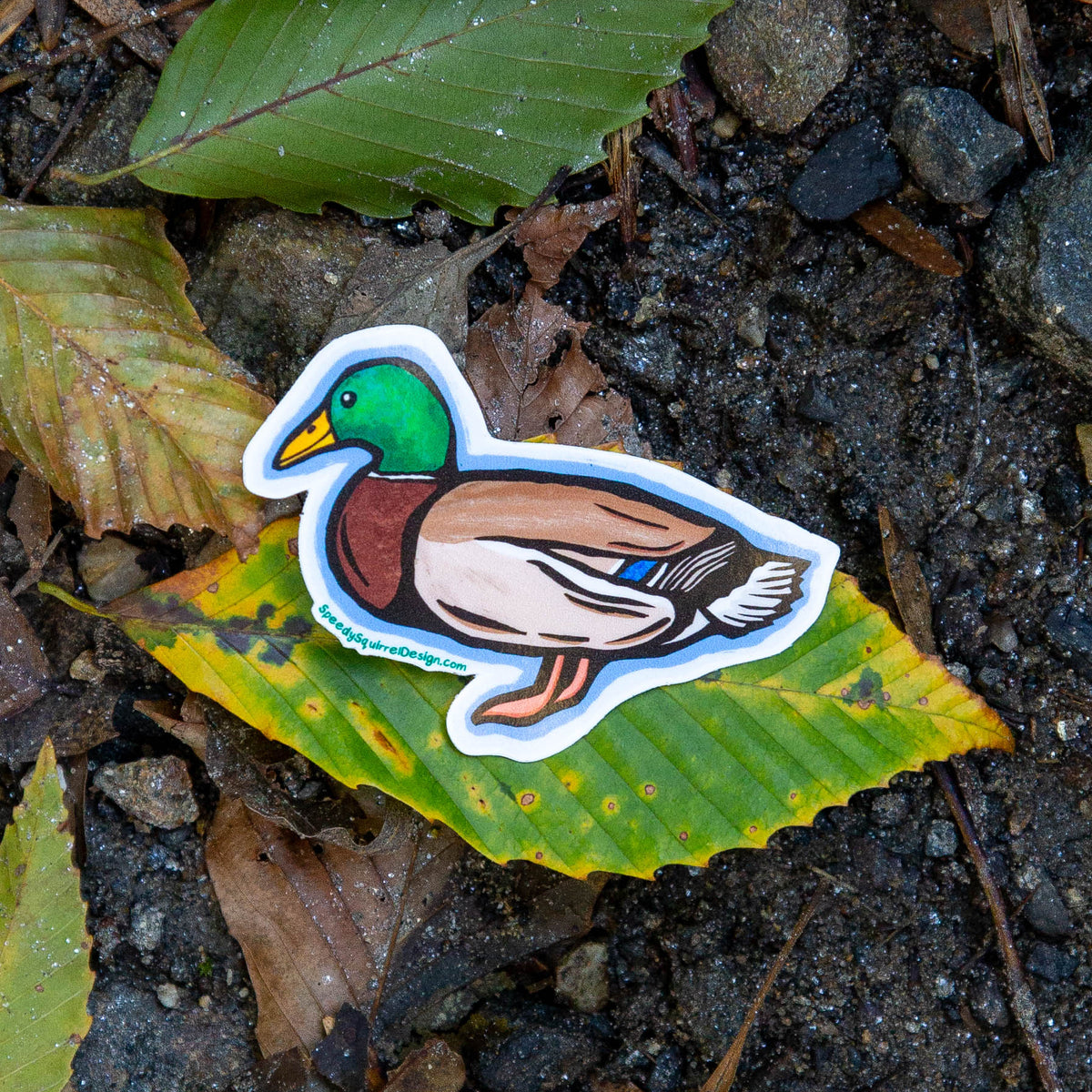 A die-cut sticker of a mallard duck resting on a green leaf over a natural ground background of soil, rocks, and dried leaves.