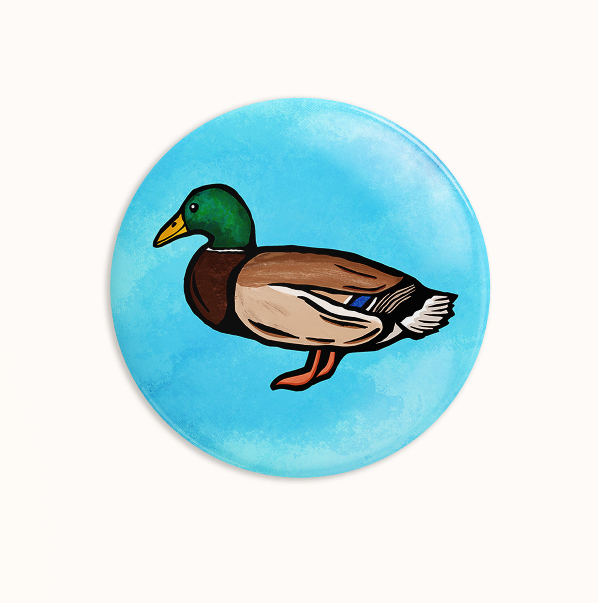 Illustration of a mallard duck on a pin with a light blue background