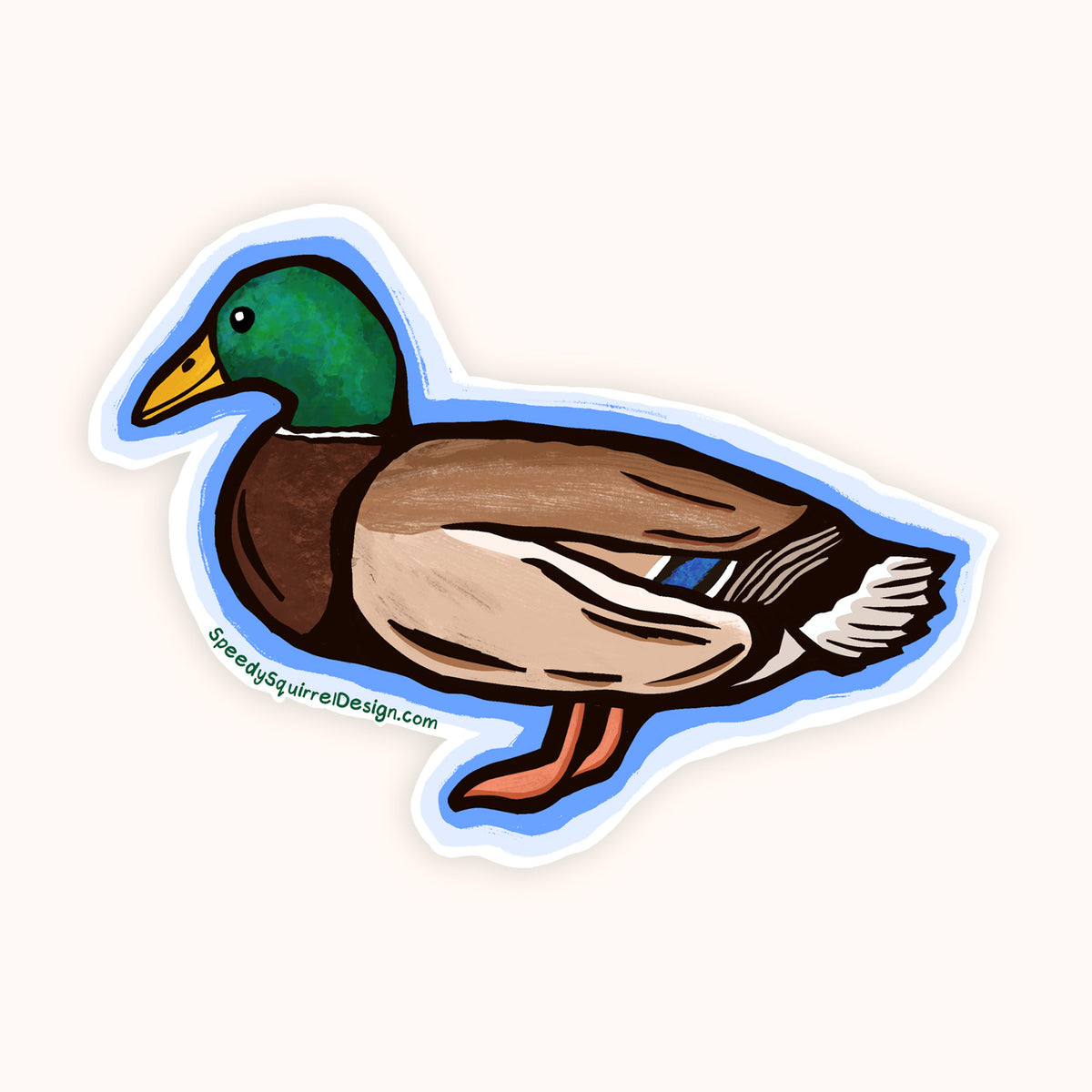 A die-cut vinyl sticker of a hand-drawn mallard duck, featuring a green head, brown chest, beige body, orange legs, and a blue outline on a white background. The website SpeedysSquirrelDesign.