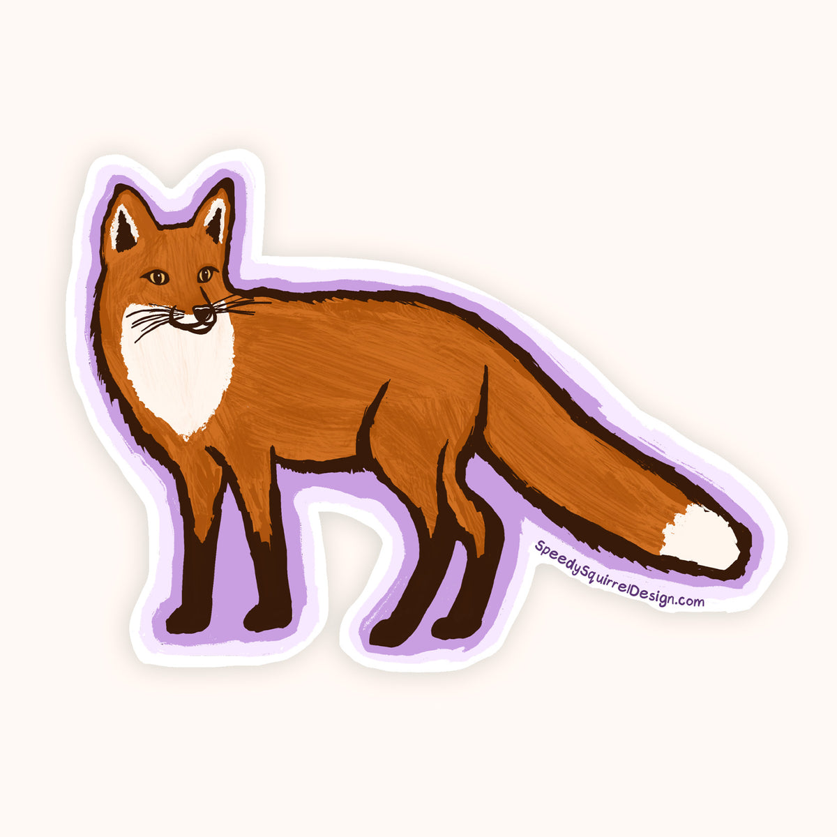 A die-cut sticker featuring a stylized painted red fox with white chest and tail tip, outlined in black and surrounded by a lavender-purple border, shown on a plain light beige background.
