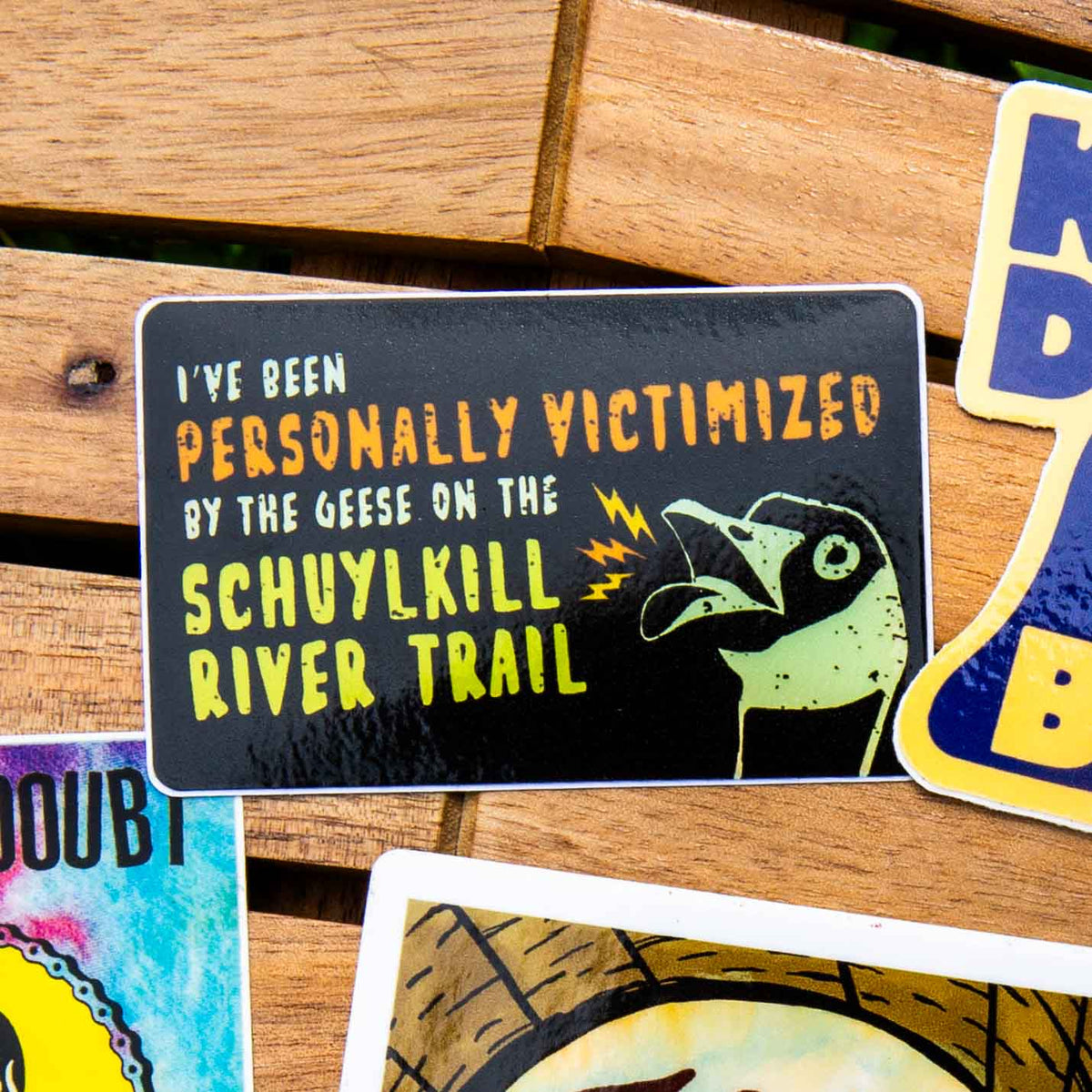 Sticker with text saying "I've been personally victimized by the geese on the Schuylkill River Trail" with a goose hissing.