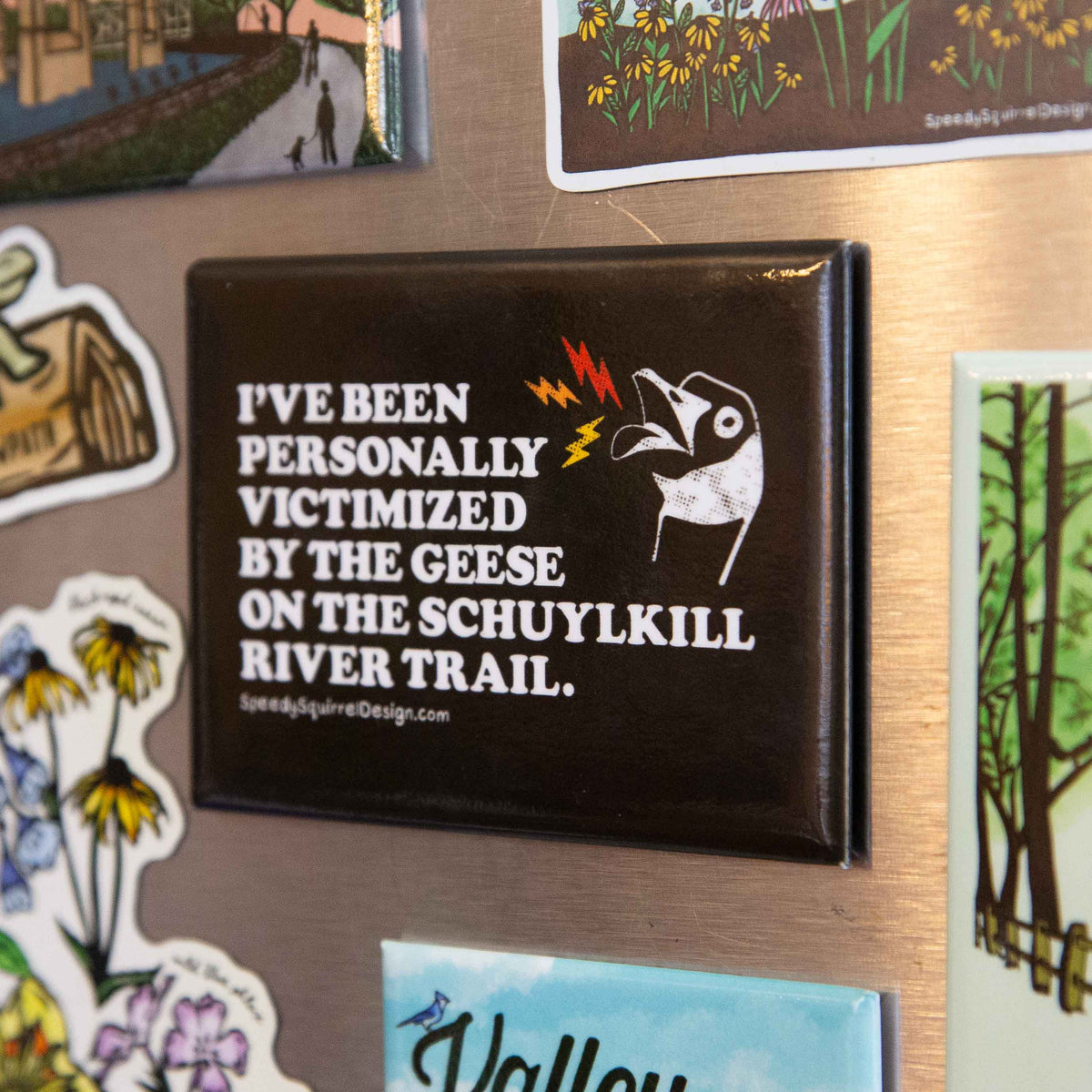 A black rectangular fridge magnet with text 'I've been personally victimized by the geese in the Schuylkill River Trail, featuring a goose illustration and small red and yellow lightning accents, placed on a brushed metal surface, surrounded by other colorful magnets.