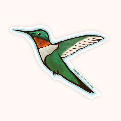 A die-cut sticker featuring an illustrated hummingbird in flight, shown on a plain light beige background. The sticker has a white border and includes the text 'SpeedySquirrelDesign.com.