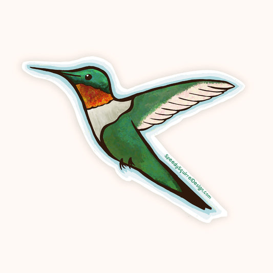 A die-cut sticker featuring an illustrated hummingbird in flight, shown on a plain light beige background. The sticker has a white border and includes the text 'SpeedySquirrelDesign.com.