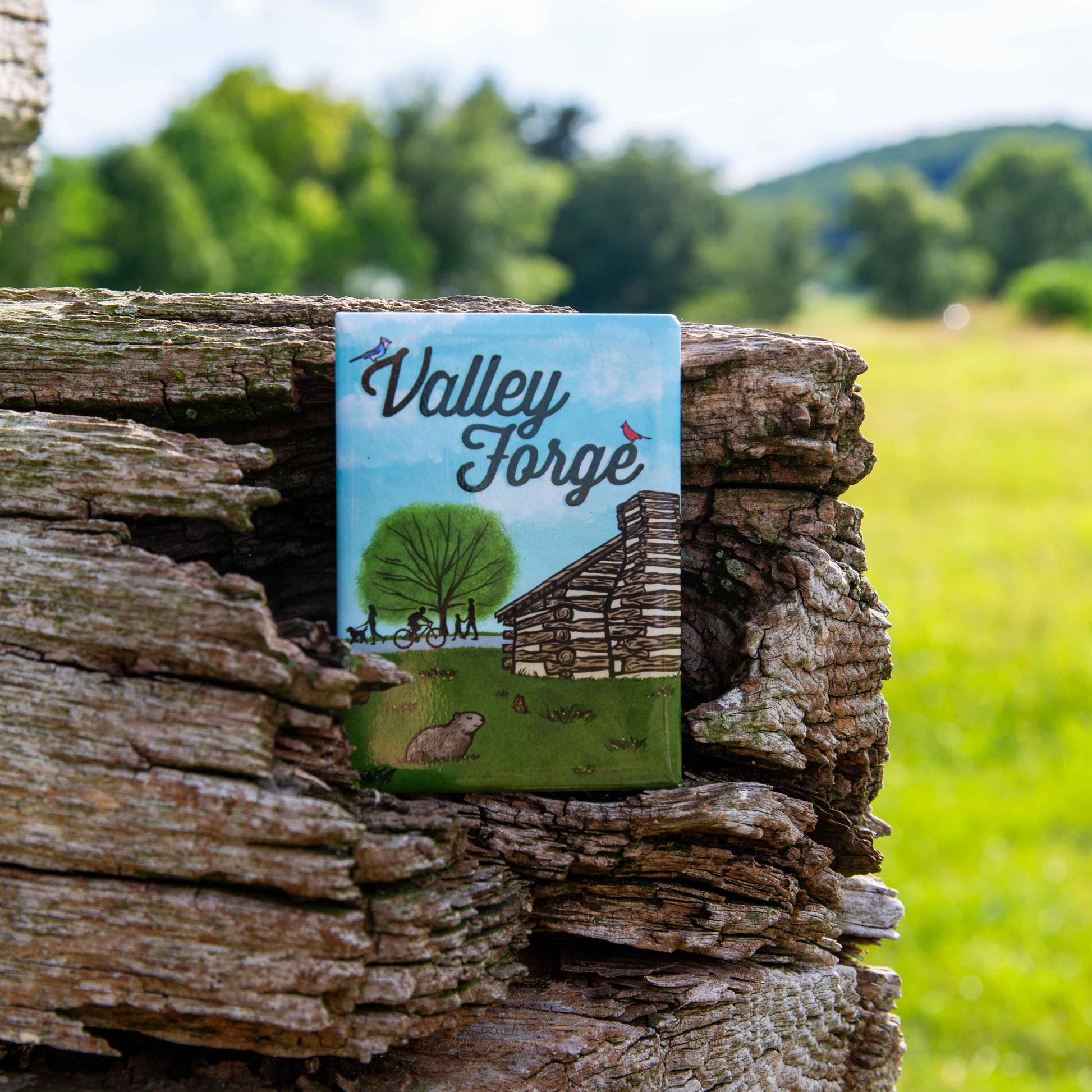 Valley Forge magnet on a wooden post with a scenic background