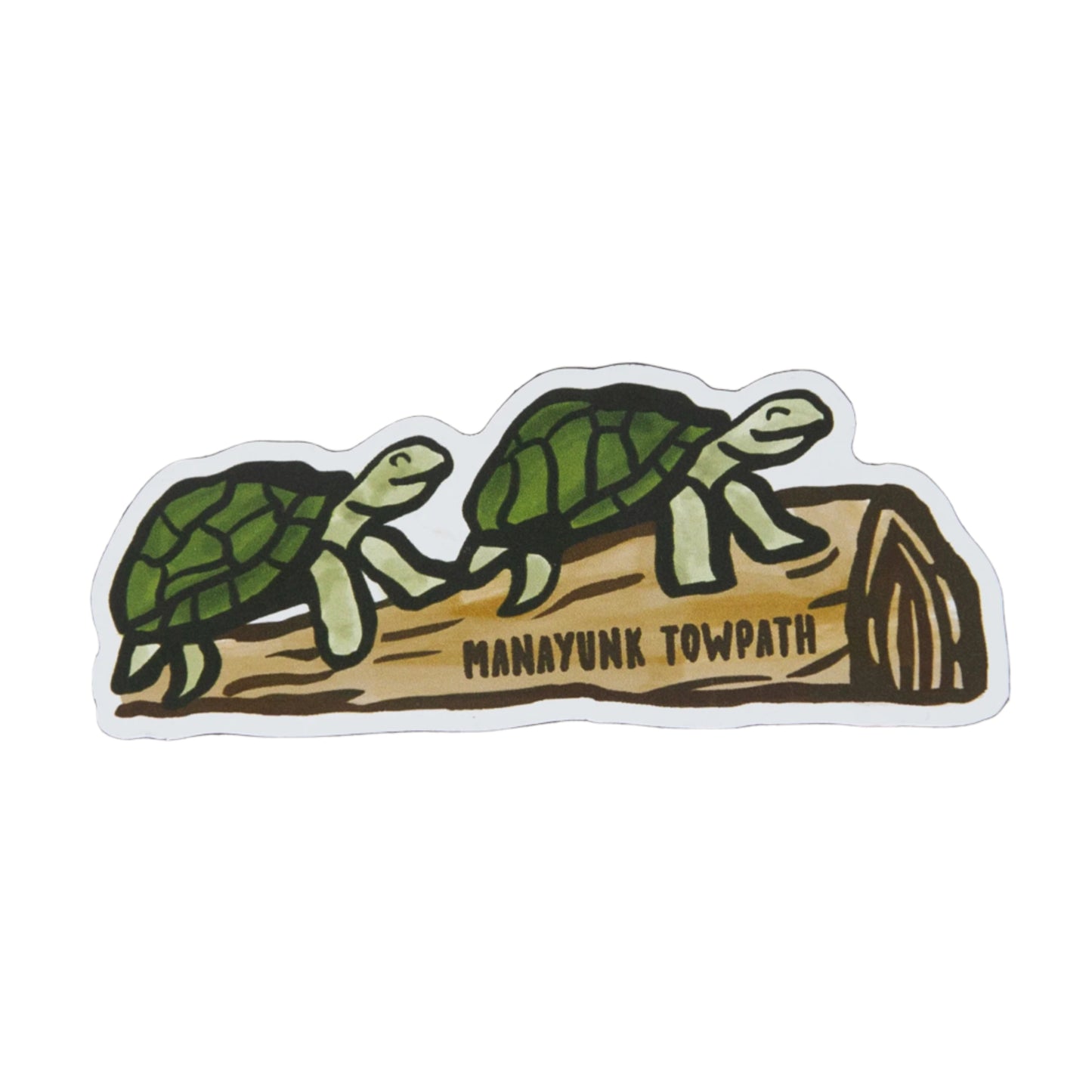 A magnet featuring two cartoon turtles on a wooden log with the text 'Manayunk Towpath' printed across the top.
