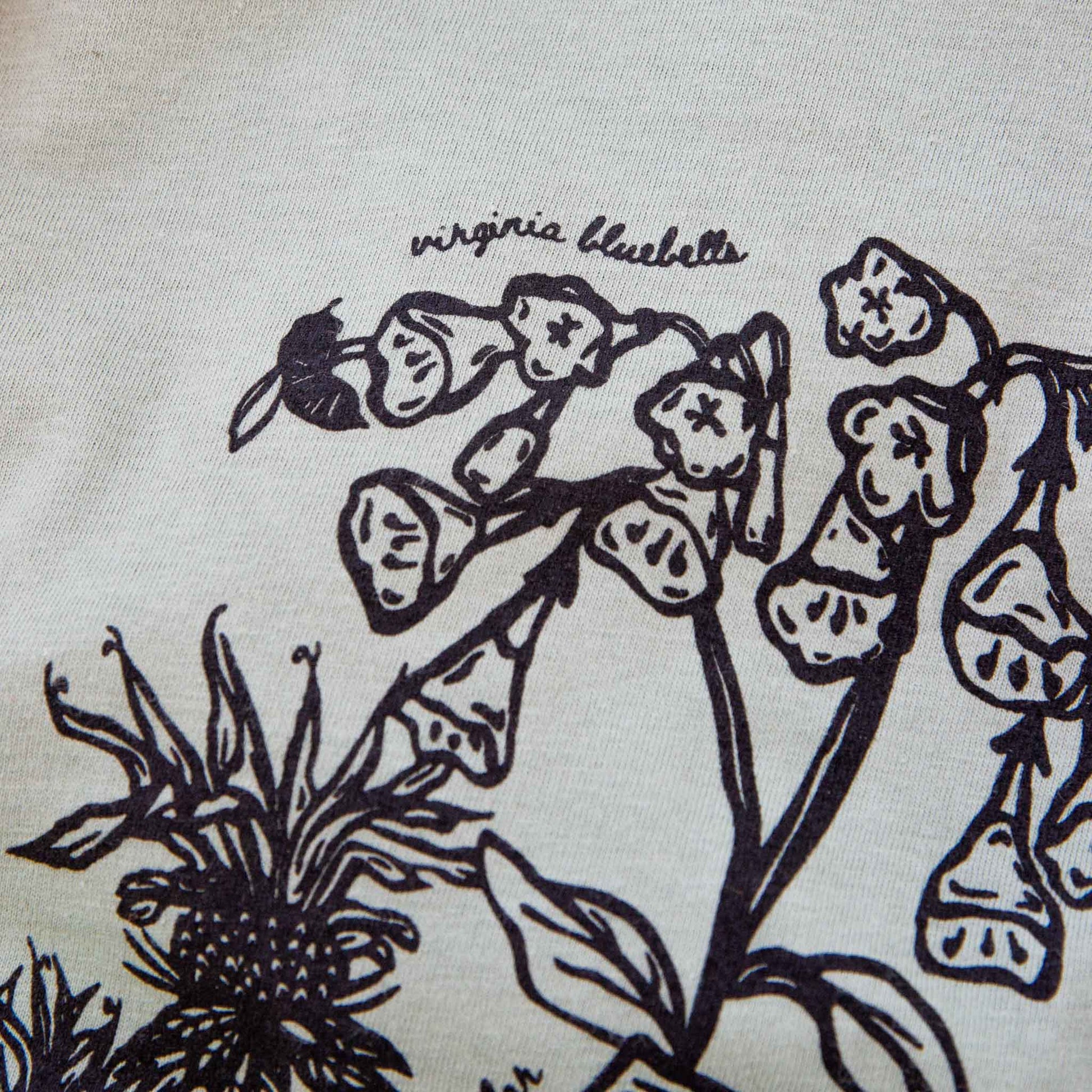 Black floral illustration on a sage background with 'virginia bluebells' text.