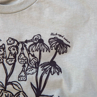 Black floral illustration on a sage background with 'black-eye susan' text.