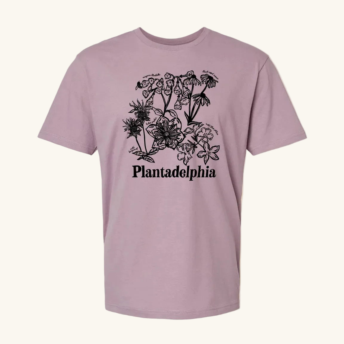 Purple t-shirt with black floral design and 'Plantadelphia' text on a yellow background