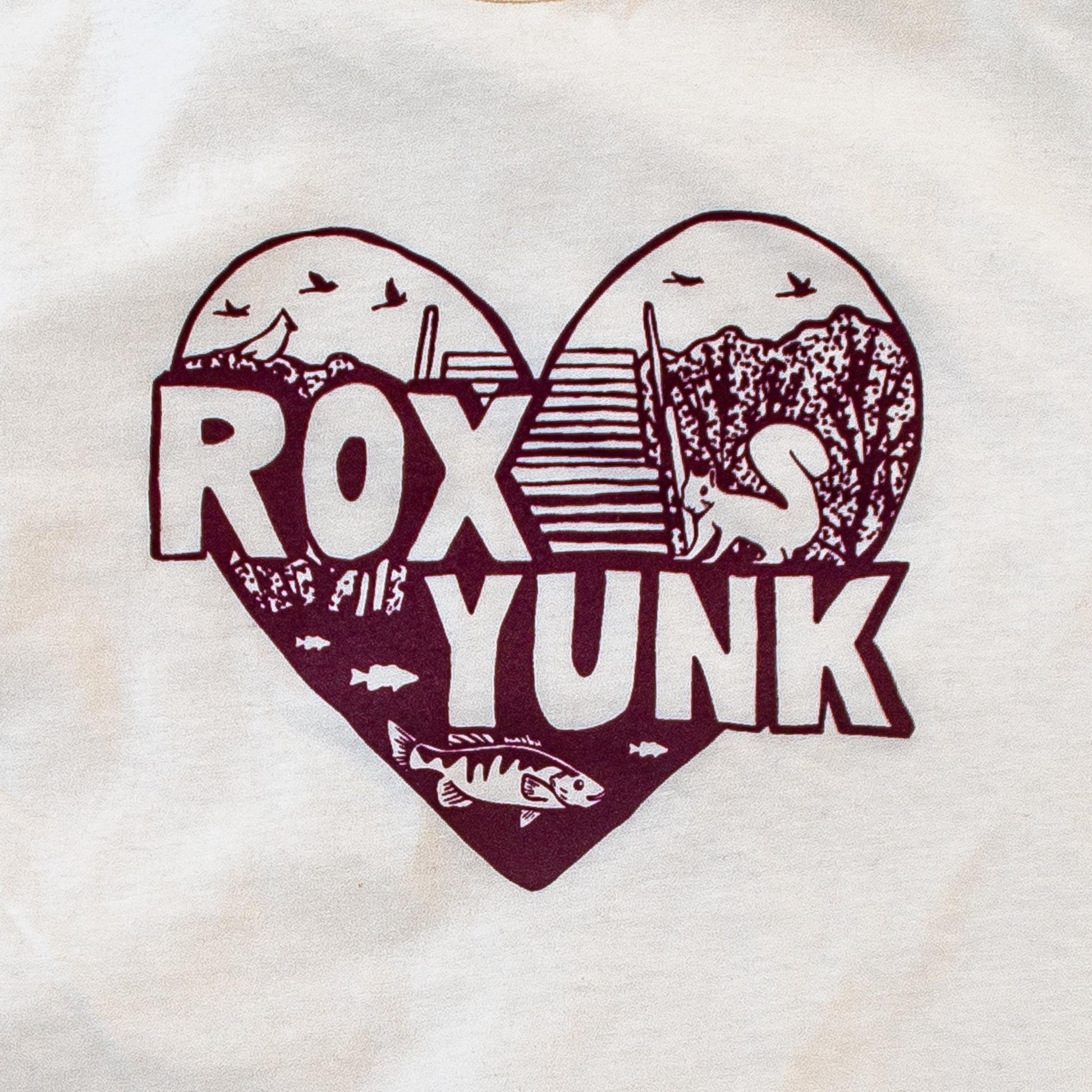 Heart-shaped design with 'ROX YUNK' text on a cream t-shirt