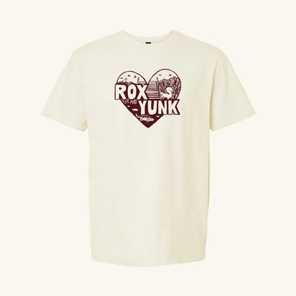 Cream t-shirt with a heart shaped 'RoxYunk' graphic with a green background.