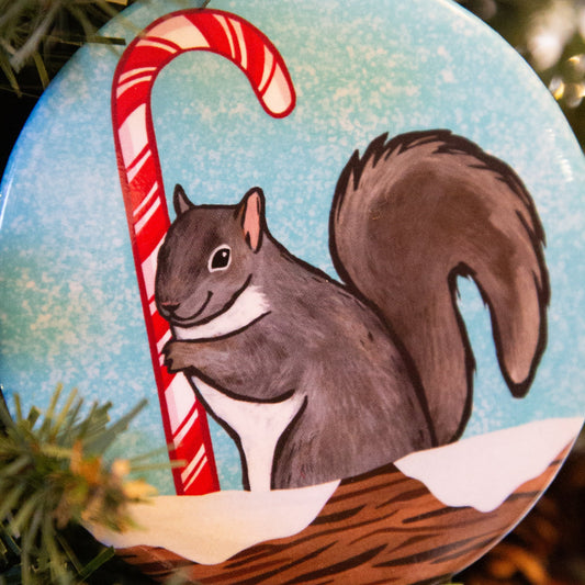Squirrel Holding a Candy Cane Christmas Ornament