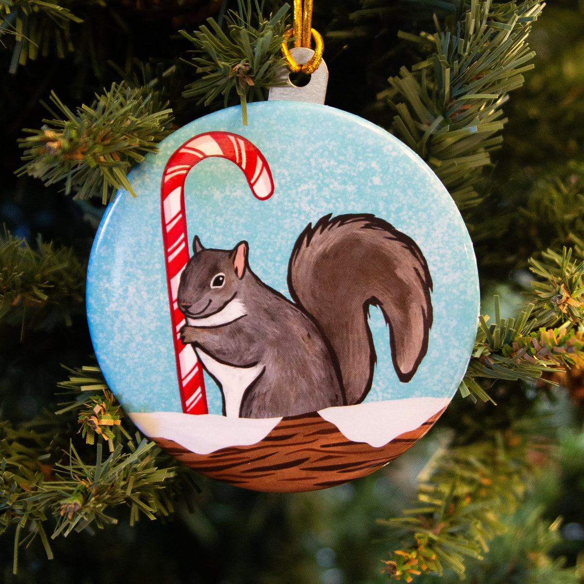 Squirrel Holding a Candy Cane Christmas Ornament