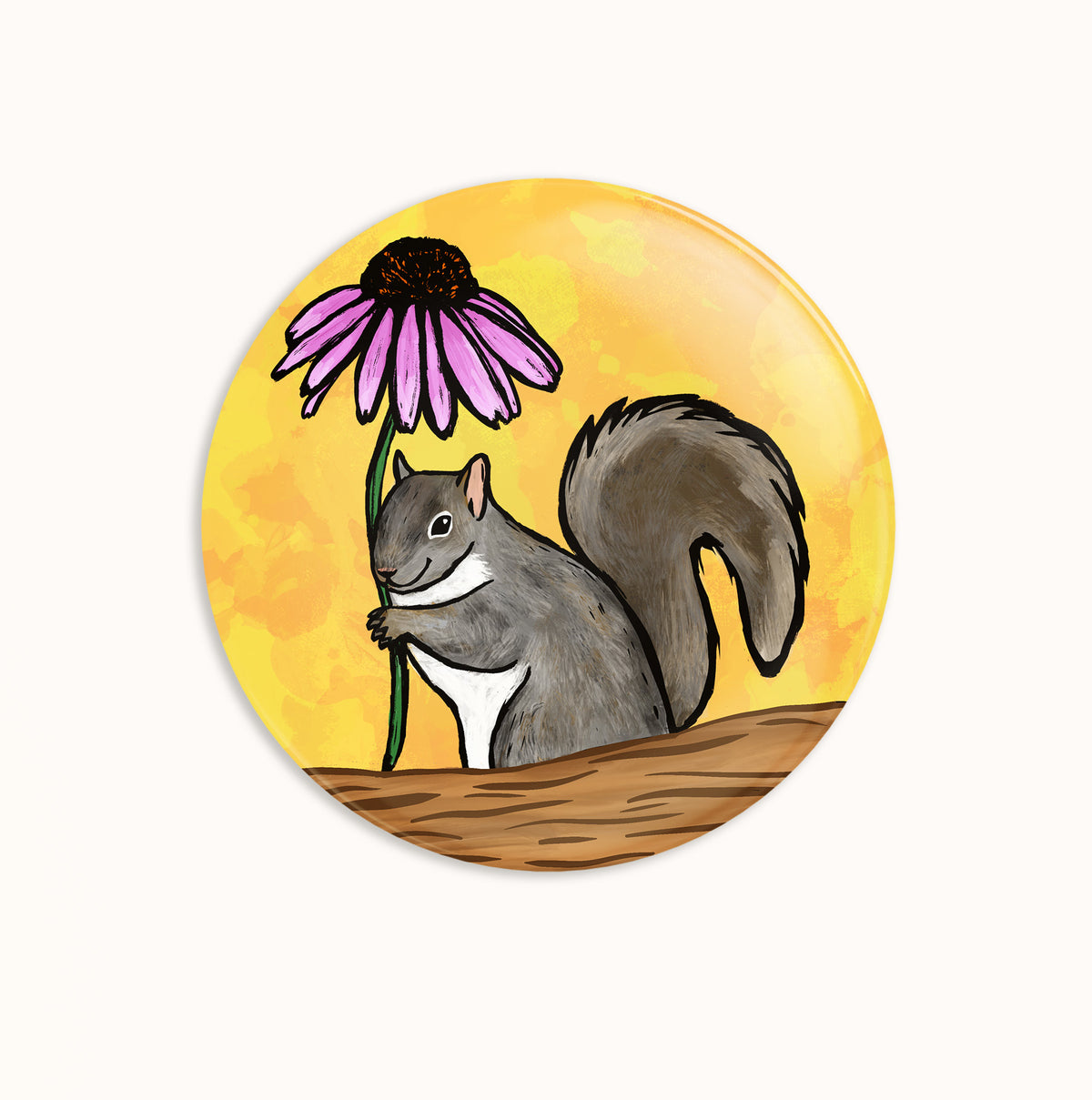 Pin of a colorful illustration of a squirrel sitting on a log holding a purple coneflower with a yellow background.