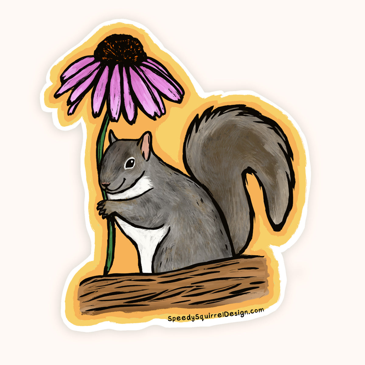 Sticker of a colorful illustration of a squirrel sitting on a log holding a purple coneflower with a yellow background.
