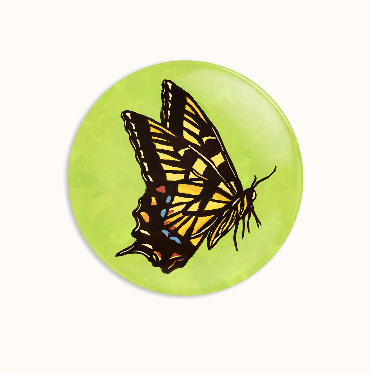 Pin Mockup of a illustrustion of a colorful tiger Swallowtail buttertfly with a green background