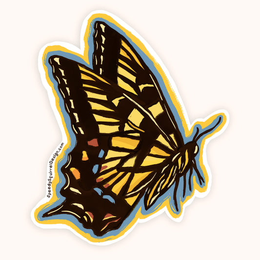 A die-cut sticker featuring a stylized butterfly illustration in yellow, black, blue, and orange on a light cream background.
