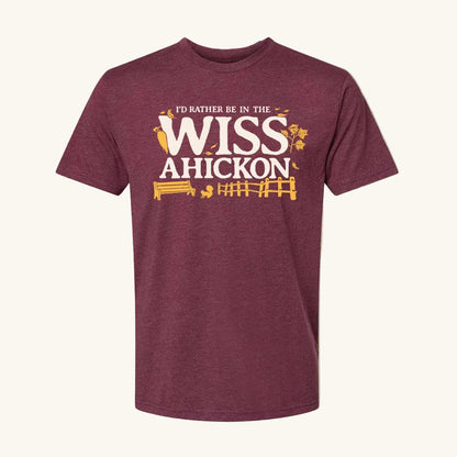 Maroon t-shirt with 'I'd Rather Be in the Wiss Ahickon' text on a cream background