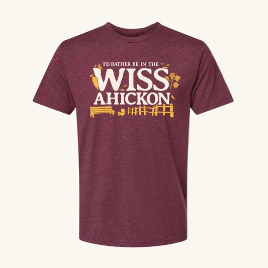Maroon t-shirt with 'I'd Rather Be in the Wiss Ahickon' text on a cream background