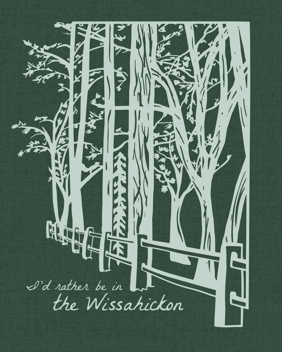 Line illustration of Wissahickon Valley Parks forbidden drive fence line with 'I'd Rather by in the Wissahickon' on the bottom left