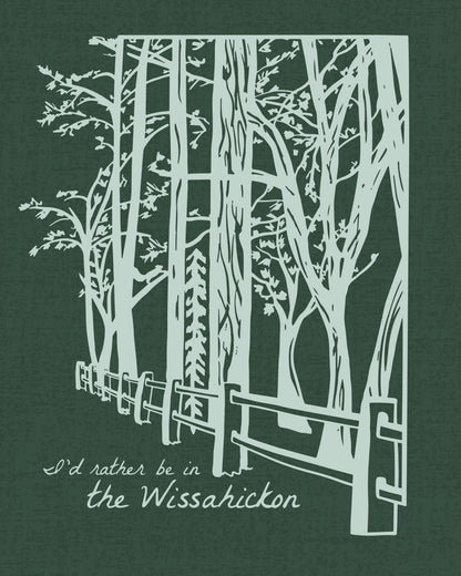Line illustration of Wissahickon Valley Parks forbidden drive fence line with 'I'd Rather by in the Wissahickon' on the bottom left